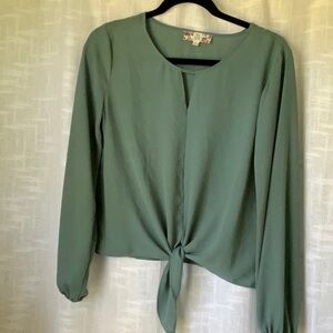 Pink Rose Women Dressy Tie Blouse Green Keyhole Neckline S